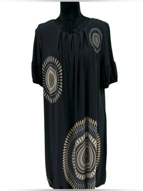 NWOT Julian Taylor NY black bubble hem dress mandala sunburst gold tan 12